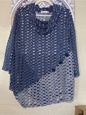 Patchington Two-Tone Open Knit Cowl Sweater - Navy & Cornflower